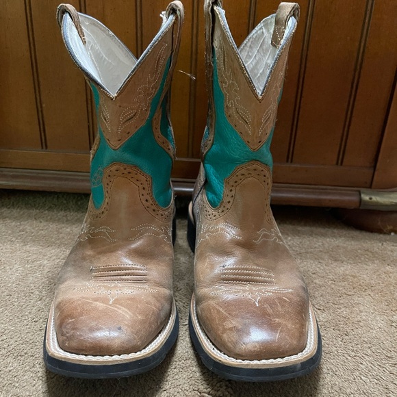 SIZE 7 ARIAT WOMENS COWBOY BOOTS SQ TOE GREEN AND BROWN WESTERN STYLE - Picture 2 of 11